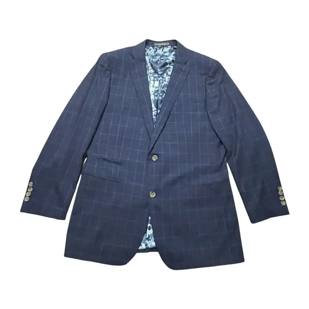Indochino 2pc Suits Mens Size 44 R Navy Windowpane Camo Lined Jacket Pants 36x31